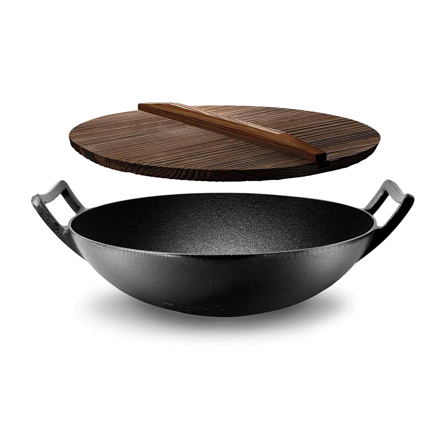 NutriChefCast Iron Wok with Wooden Lid - Pre-Seasoned Chinese Wok for Stir-Fry, Compatible with Multiple Cooktops Including Induction, Large 5.8 Qt Capacity, 12" Diameter