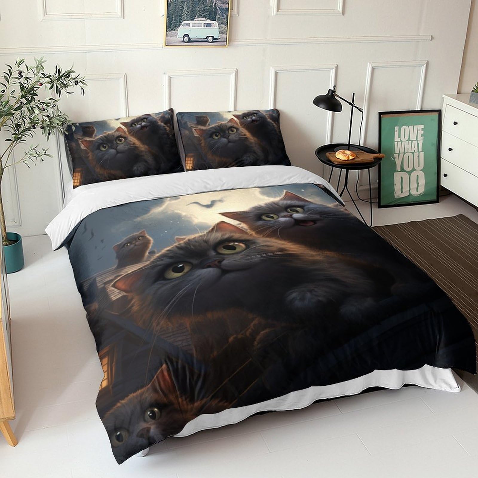 Parure de lit chat 3D en microfibre avec housse de couette et taies d'oreiller pour ado et adulte