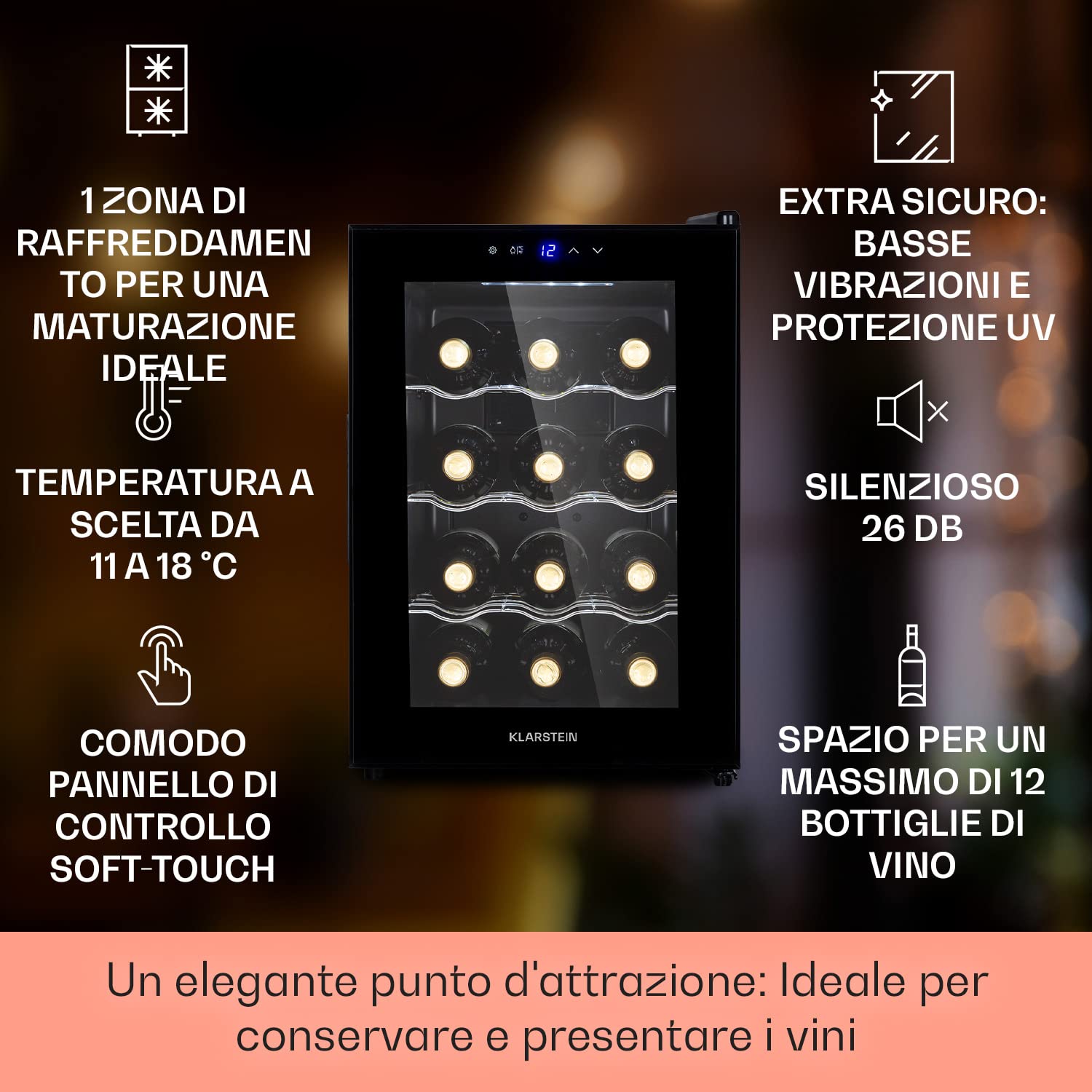 KLARSTEIN Cantinetta Vino, Cantinetta Vino Refrigerata a Zona Singola per Interno/Esterni, Frigo Bar, Cantina Vino con Vetrina, Mini Bar con Protezione UV, Frigo Vino Touch 15-18°C 12 Bottiglie