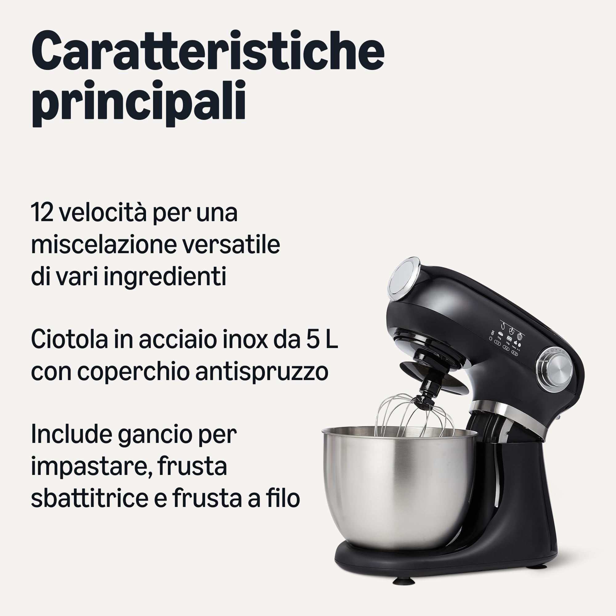 Amazon Basics Mixer con supporto, impastatrice e planetaria, con ciotola da 5 l, 12 velocità, pulsante a impulso, 1000 W, Grande, Nero