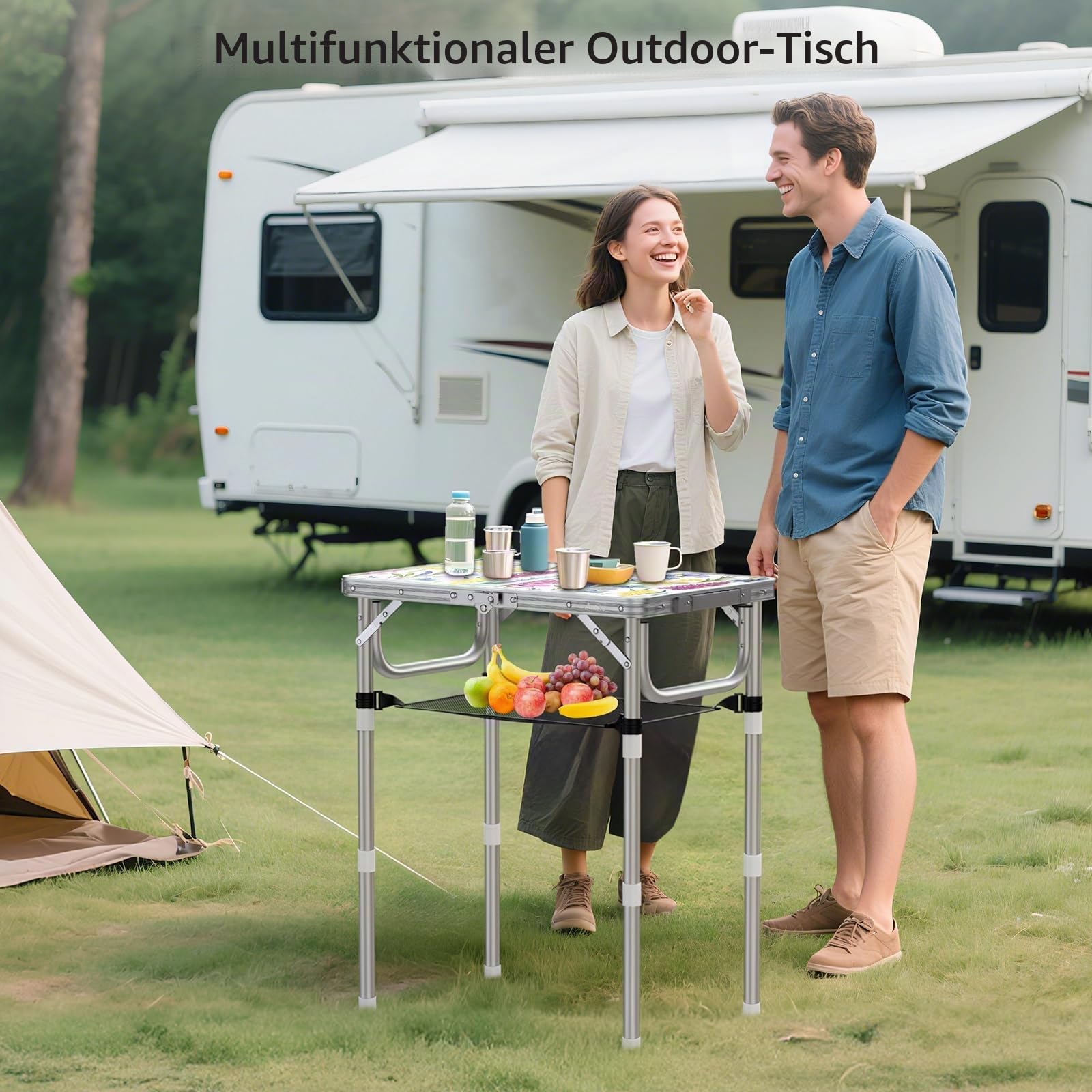 Anbte Campingtisch 58x40cm mit 3 Höhenverstellbar 26/48/70cm, Leicht | Tragbar Picknicktisch mit Aluminium Rahmen & MDF-Tischplatte Blühende Blumen, Kleine Klapptisch für Camping Strand Balkon