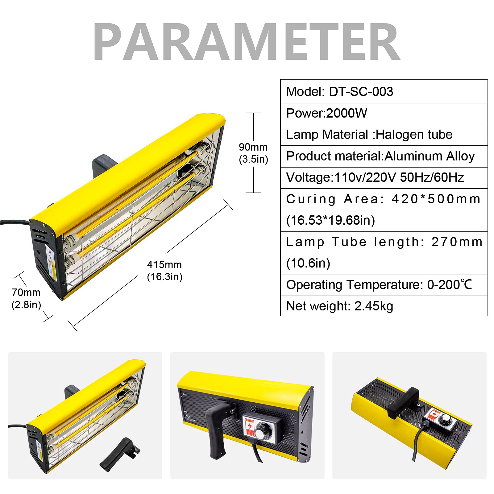 DATOUBOSS 2000W Lampada Infrarossi per Carrozzeria Palmare(40–200 °C, Superficie di Asciugamento 420 x 500 mm, Timer 1–90 min) Lampada per asciugare la Vernice della carrozzeria