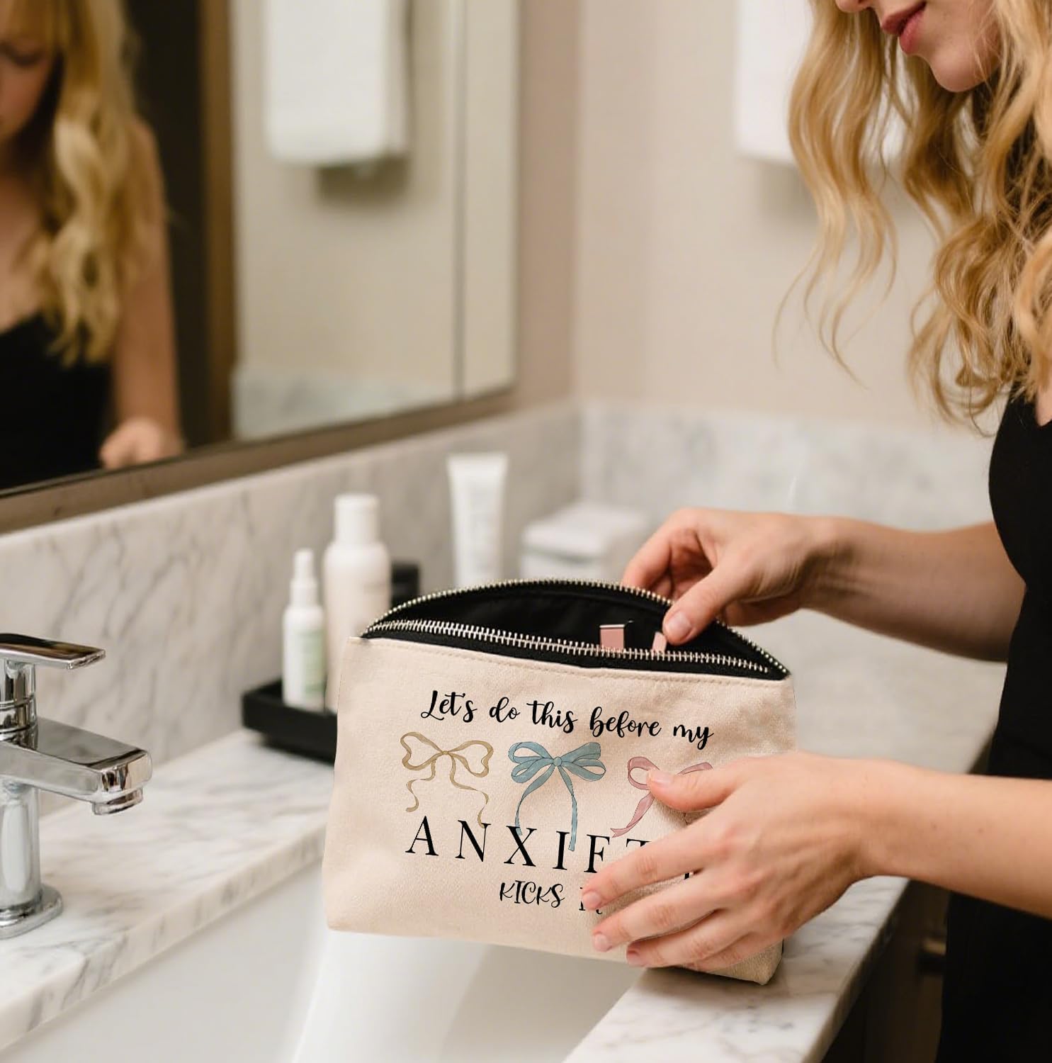 Funny Anxiety Themed Makeup Bag, Humor Self Care Cosmetic Bag, Gift for Women Friend Coworker Bestie Sister Social Worker Mom Teacher Therapist Graduation Birthday Christmas 10×7 Inch Khaki - Image 3