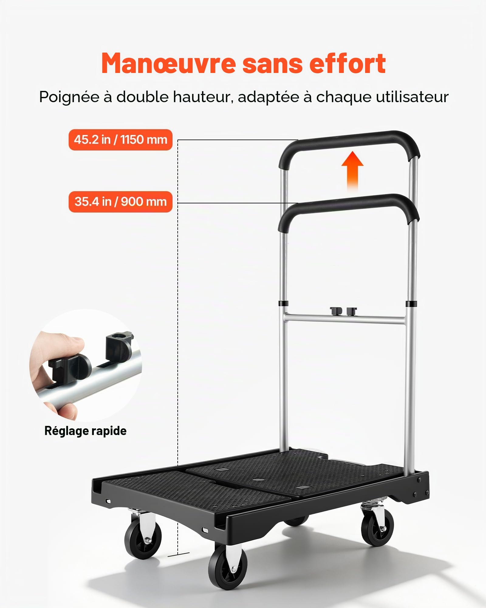 VEVOR Chariot à Plateforme Pliable Charge 149,69 kg Chariot à Plateau Pliable 68x49,5 cm pour Manutention et Déplacer Objets Volumineux et Lourds, avec Roues Pivotantes, Poignée à Hauteur Réglable