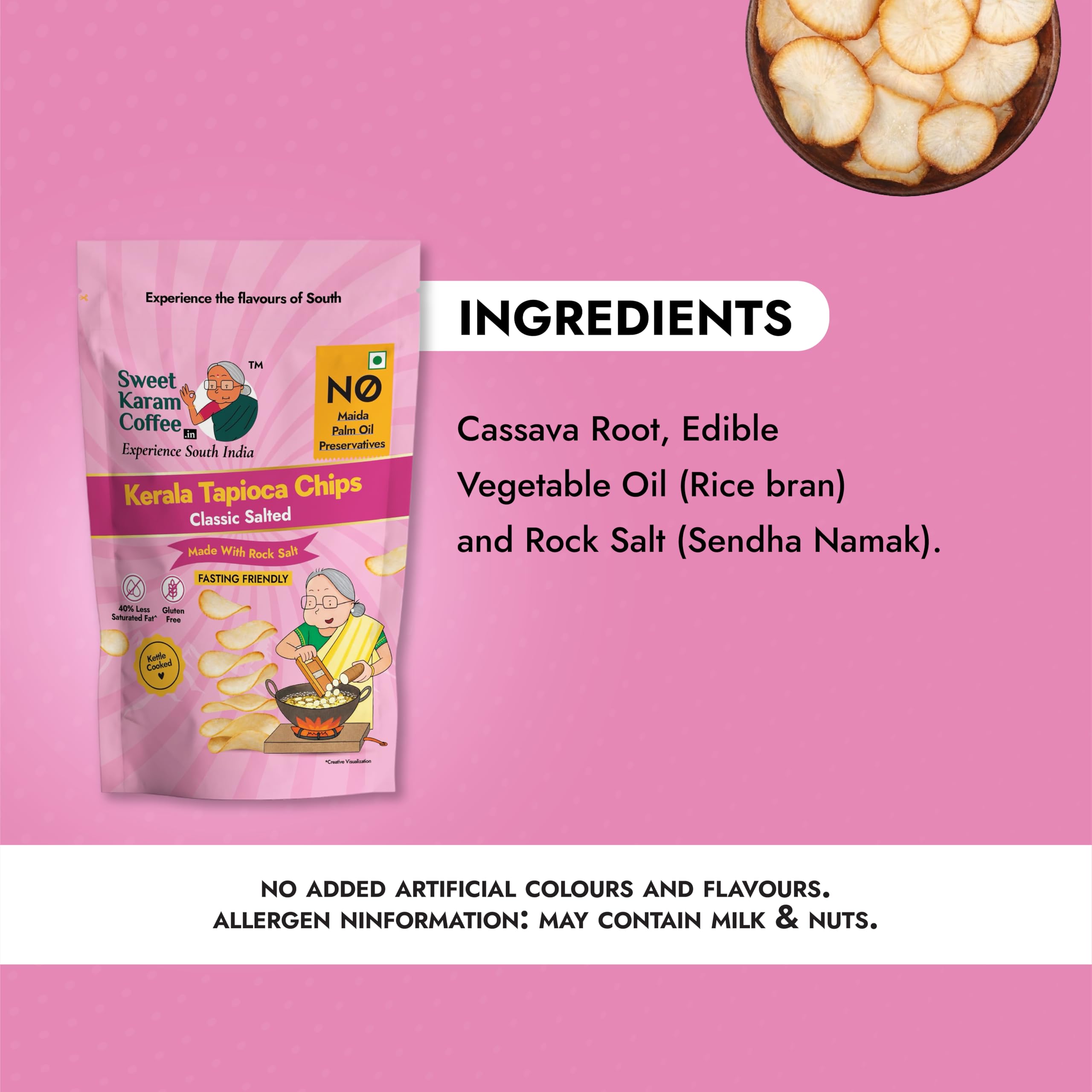 Sweet Karam Coffee Rock Salt Tapioca Chips - 65g | Fasting (Vrat) Special | No Palm Oil or Preservatives | Crispy Thin Sliced Kappa Wafers | Authentic Kerala Special Tea-Time Snack