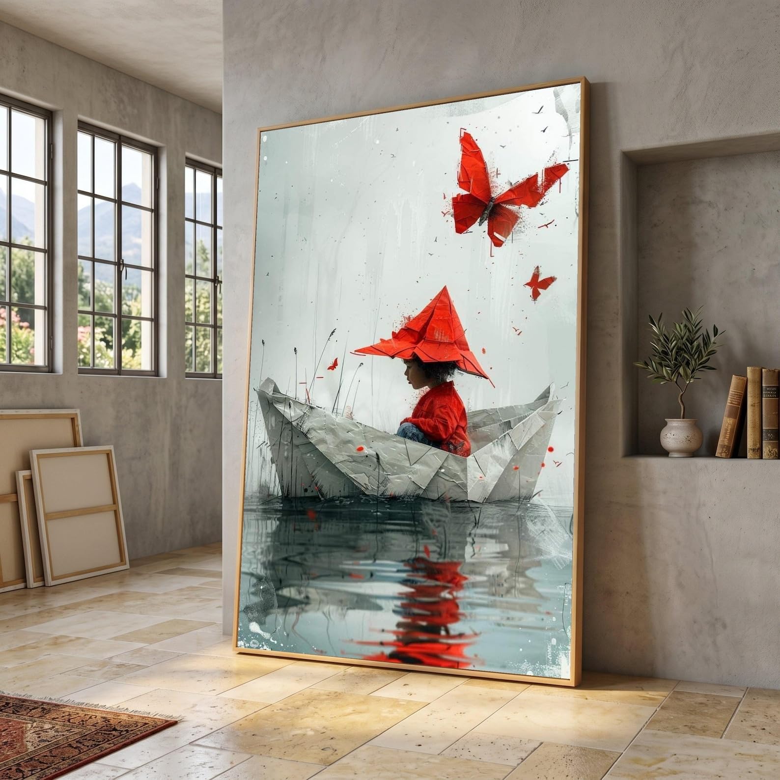 Tongyinli Frameless Child In Paper Boat Canvas Painting, Red Hat Wall Pictures, Water Reflection Art Prints(70X100cm/Frameless)