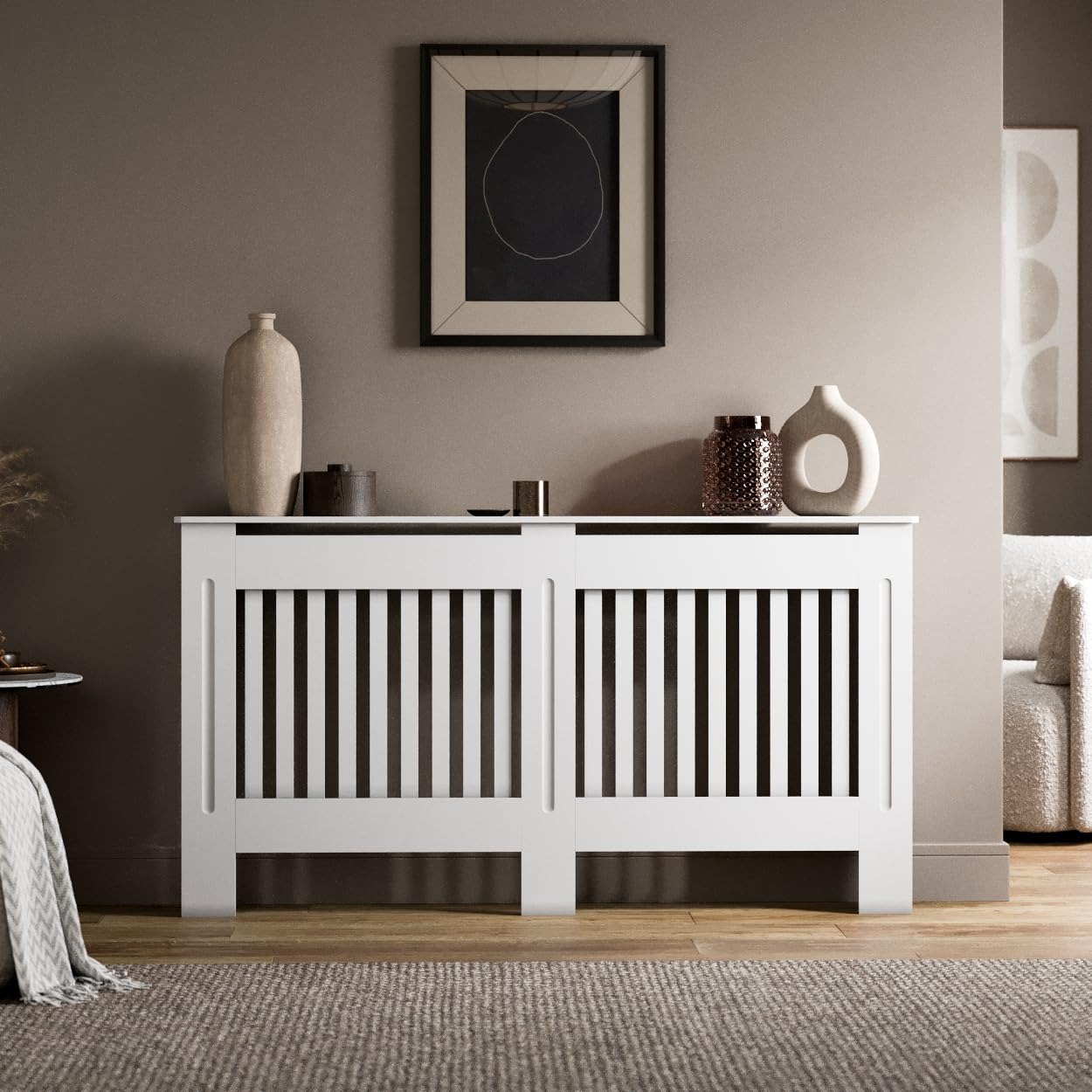 Radiant Living White Radiator Cover Vertical Slat Design, Modern Mdf Radiator Cabinet For Living Room & Bedroom, Large 152 X 81.5 X 19Cm