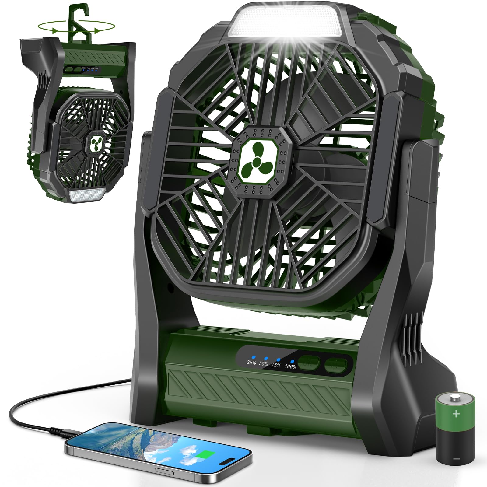 PDBEST Batteriebetriebener Ventilator 20000mAh Kabellos, Wiederaufladbarer Tragbarer Ventilator mit LED-Laterne, USB-C-Akku Tischventilator, Campingventilator für Reisen Strand Green