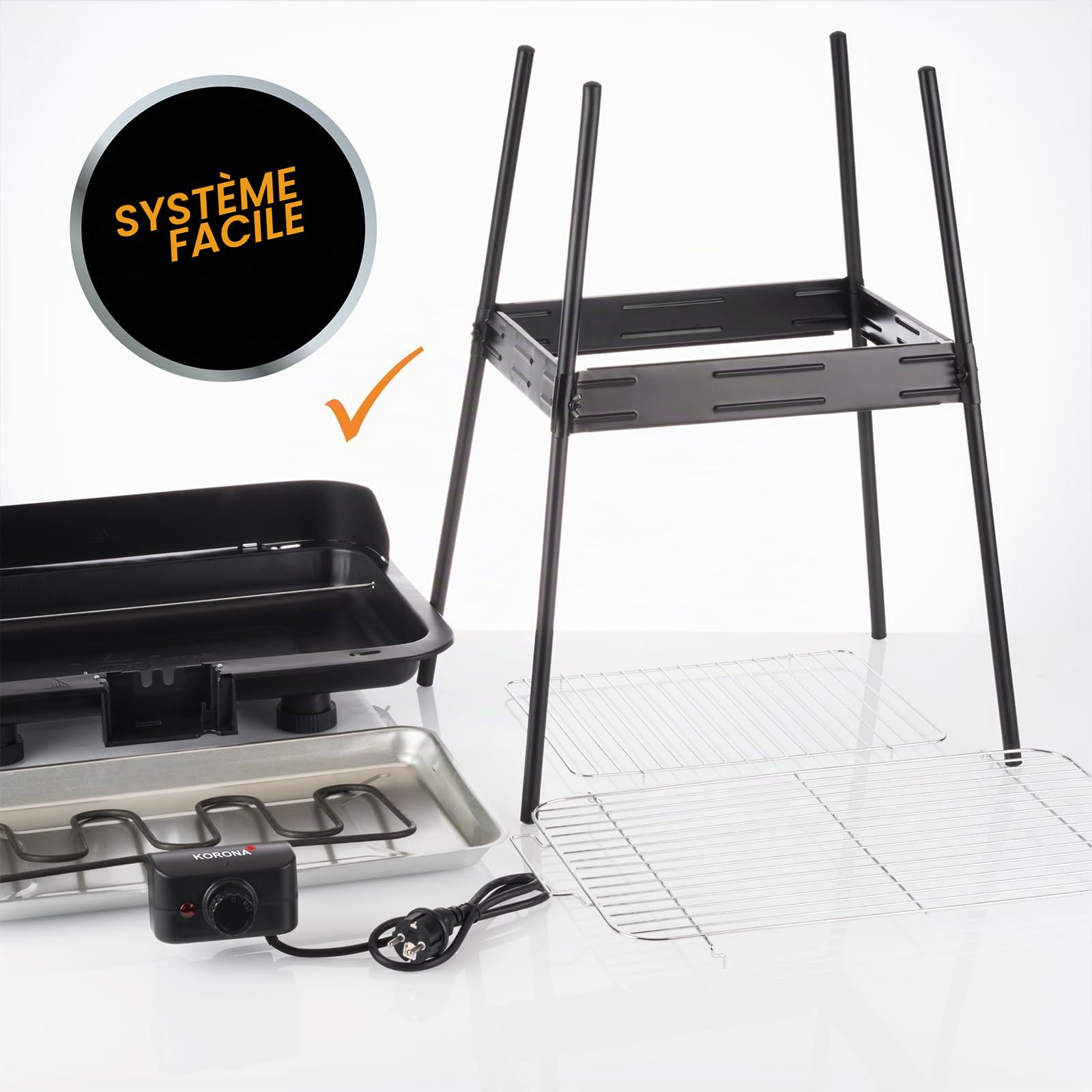 Korona 46221 Barbecue électrique sur pied avec grille XXL (51 x 30 cm) | 2200 W | Protection contre le vent | Témoin lumineux | Interrupteur de sécurité | Réglage de la température en continu