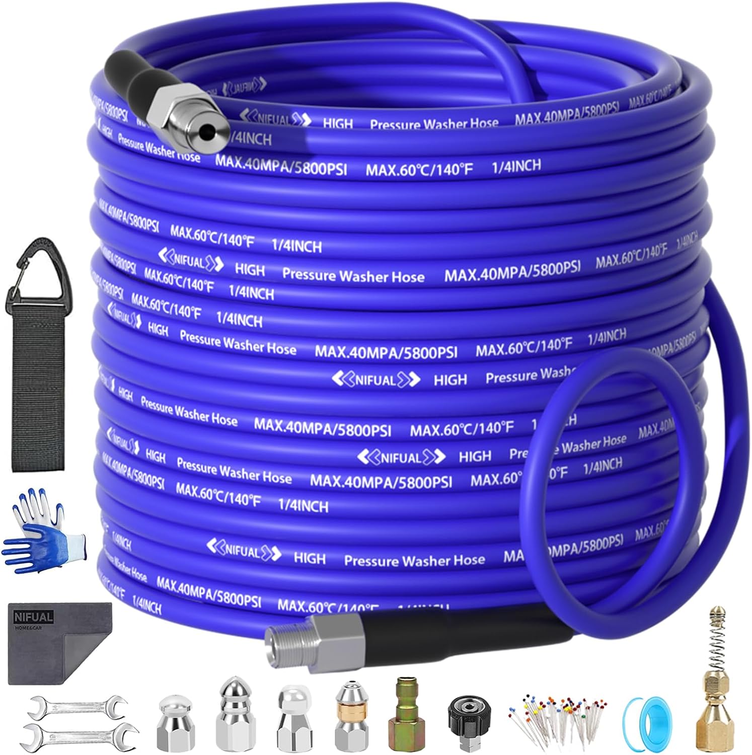 NIFUAL 100FT Sewer Jetter Kit for Pressure Washer, 5800PSI Drain Cleaner Hose 1/4 Inch NPT Corner, Rotating and Button Hose Sewer Jetting Nozzle Waterproof Tape Pearl Corsage Pin Spanner Glove