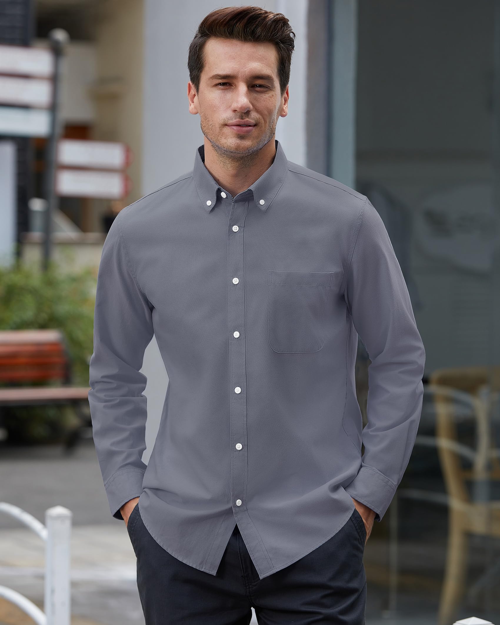 Snapklik.com : Mens Casual Dress Shirts Long Sleeve Oxford Shirts Regular  Fit Business Button Down-Light Grey-XL