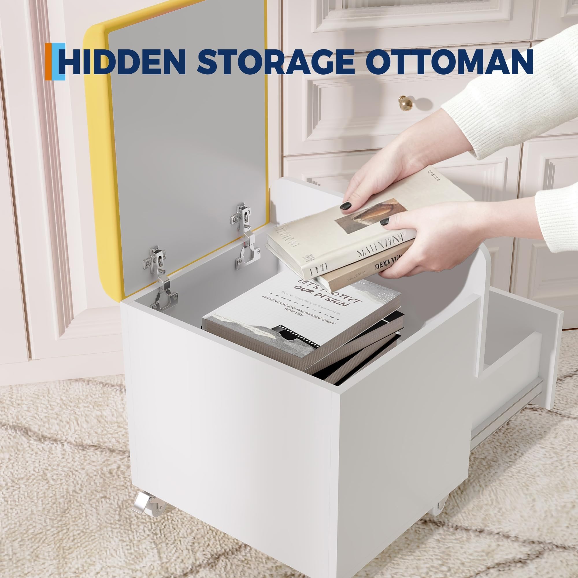 Zstar Moderner Schminktisch-Hocker mit Stauraum – Gepolsterter PU-Stuhl mit Schublade & Rollen, multifunktional als Sitzbank oder Fußhocker, platzsparend & elegant – Farbe: Gelb+Weiß