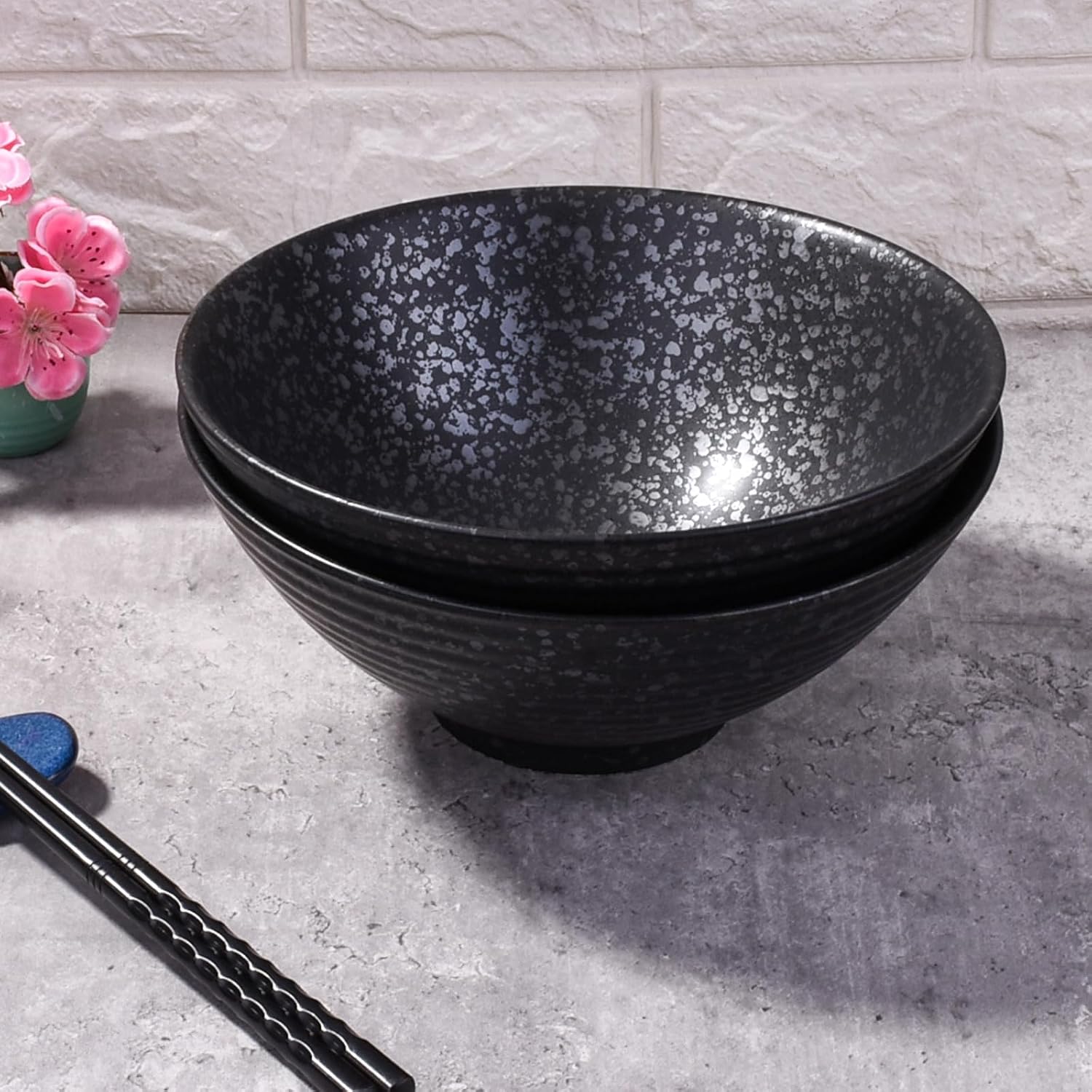 Japanese Ceramic Noodle Bowl Set of 2, 8.2 Inch Black Ramen Pho Bowls image 5