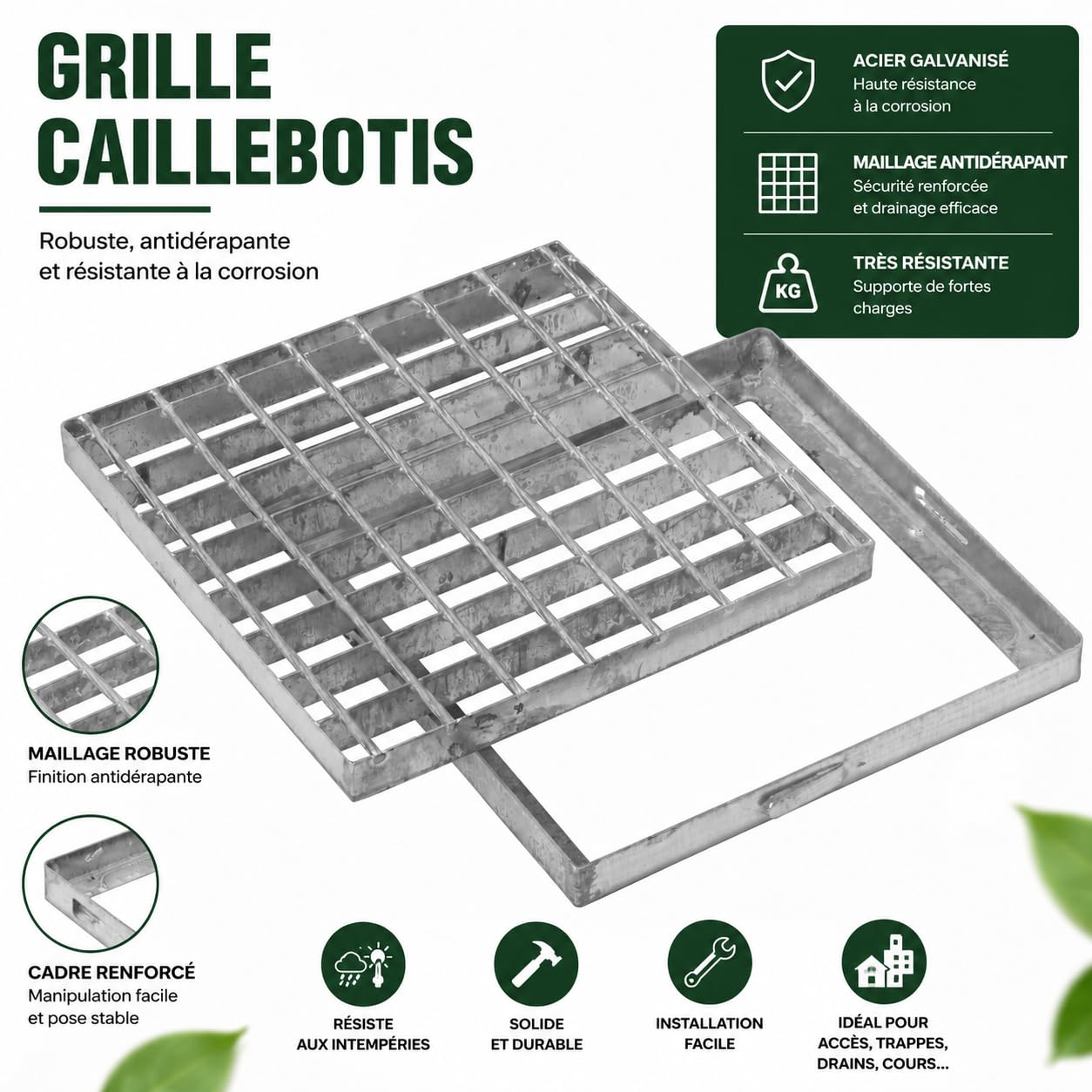 Jardibric – Rejilla de rejilla 40 x 40 cm, acero galvanizado con marco – Rejilla Canieval drenaje Aguas pluviales