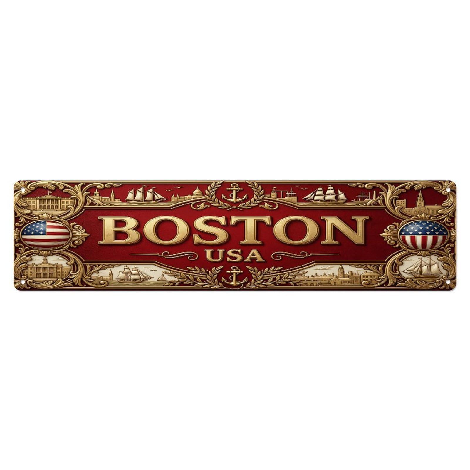 Olhnbad 4X16inch(10X40cm) Vintage Boston Usa Flag Pattern Metal Tin Sign