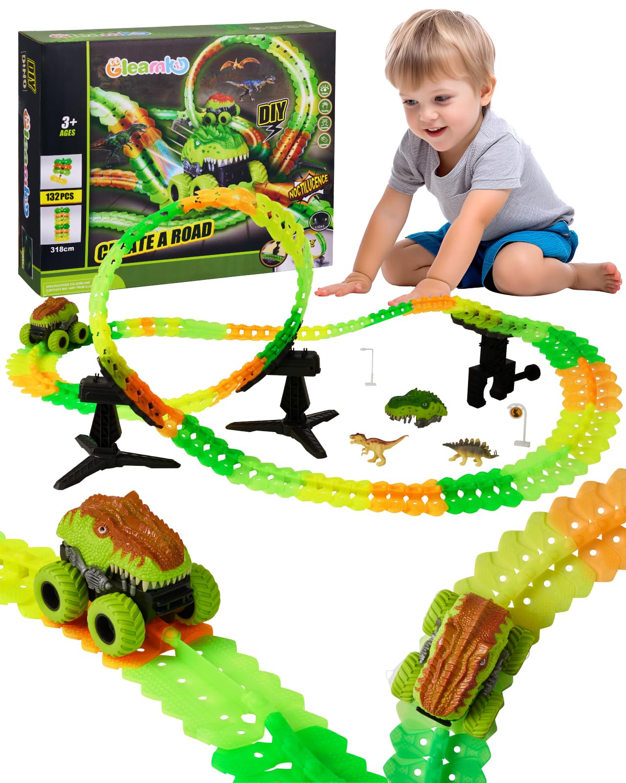 154PCS Rechargeable Car Track Toy Set, Glow Race Track, Flexible Car Tracks, Dinosaur Track Set Glow in The Dark, Race Train Track Toy for 3 4 5 6 7 8 Year Old Boys Gifts, 2*800mAh Batteries