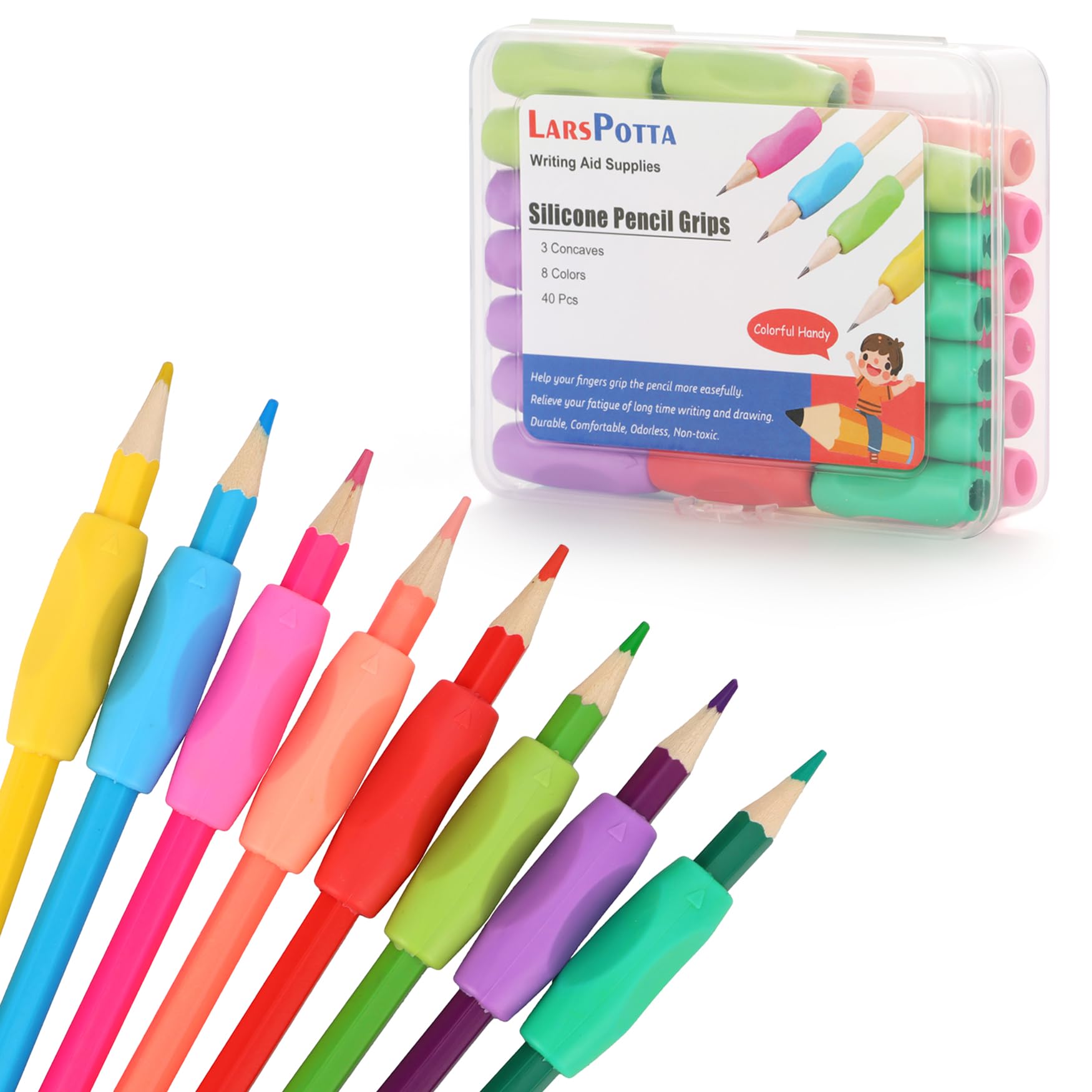 Larspotta Ergonomic Pencil Grips 40 Pcs with 8 Colors, Silicone Pencil Holders for Kids Handwriting, Toddler Gel Pencil Cushion Grippers, Triangle Pen