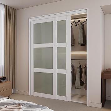 60"x 80" White Prefinished 3-Lite Tempered Frosted Glass Sliding Door with Hardware Kit