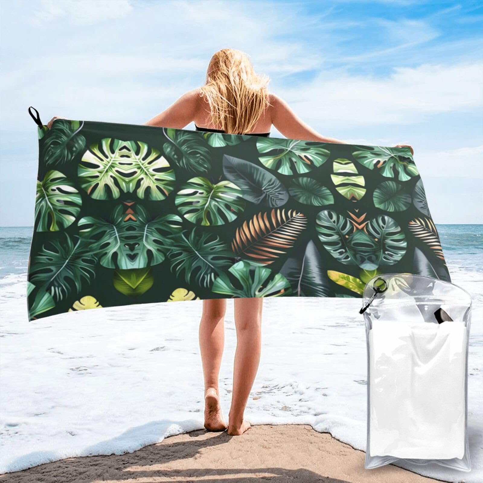 JIUTY Tropical Leaves Print Fast Dry Beach Towel Portable For Swimming Travel Gym Hiking Gift