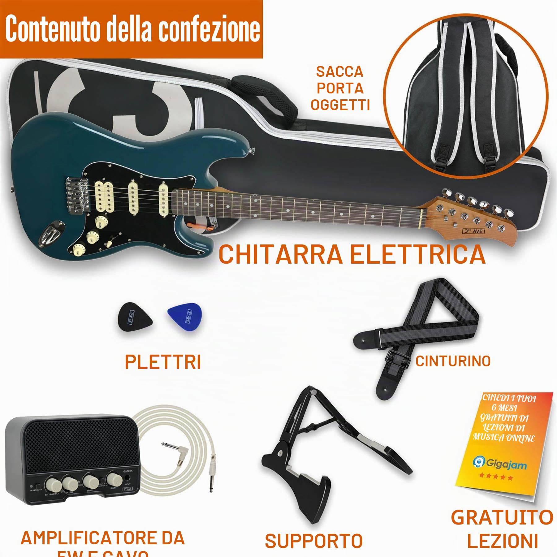 3rd Avenue Stateside Kit Definitivo Per Chitarra Elettrica 4/4 Full Size Con Amplificatore Da 5 W, Cavo, Supporto, Borsa Imbottita, Tracolla, Plettri, Lezioni Gratuite - Delta Blue