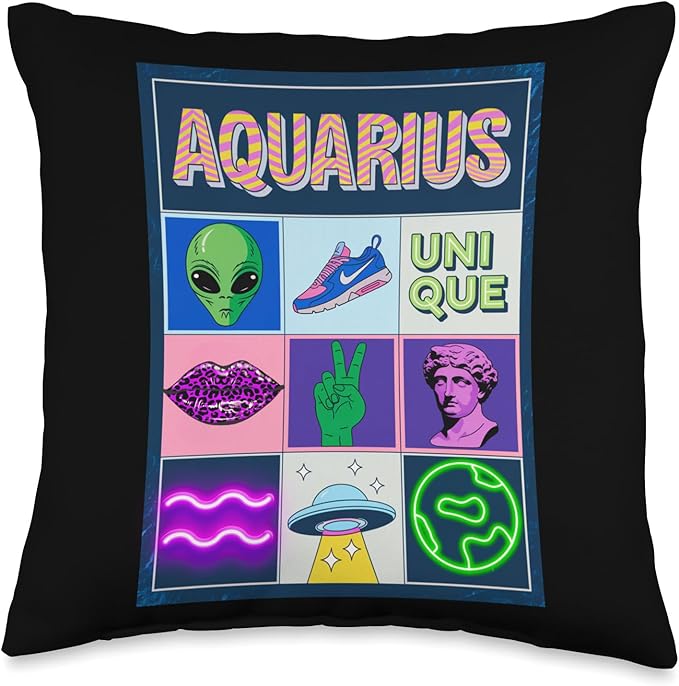 Aquarius Zodiac Unique Vibrant PopArt Alien Vibes Throw Pillow