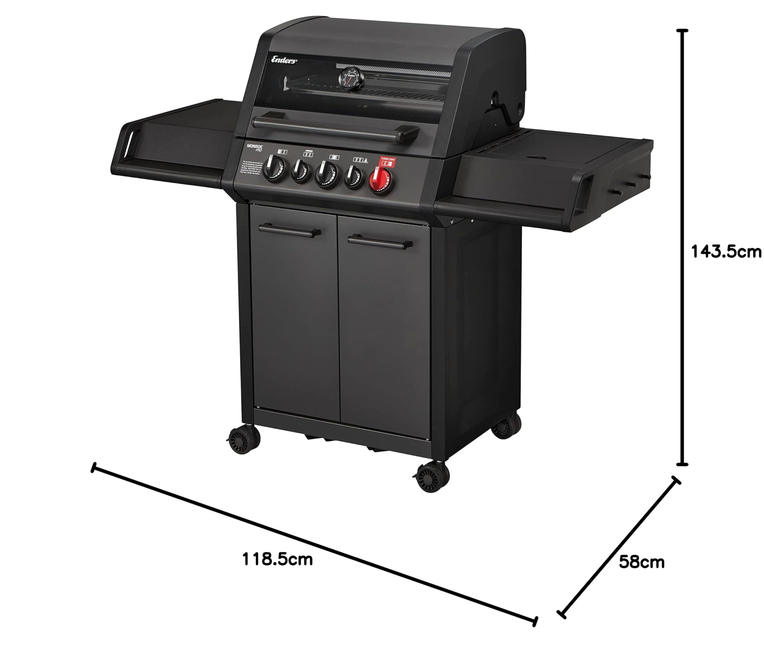 Enders® Gasgrill MONROE PRO 3 SIK TURBO SHADOW, 3-Edelstahlbrenner, Seitenkocher, Infrarot-Backburner, Sichtfenster, HEAT RANGE™, SWITCH GRID™, 800 °C TURBO ZONE™, SIMPLE CLEAN™, #8381