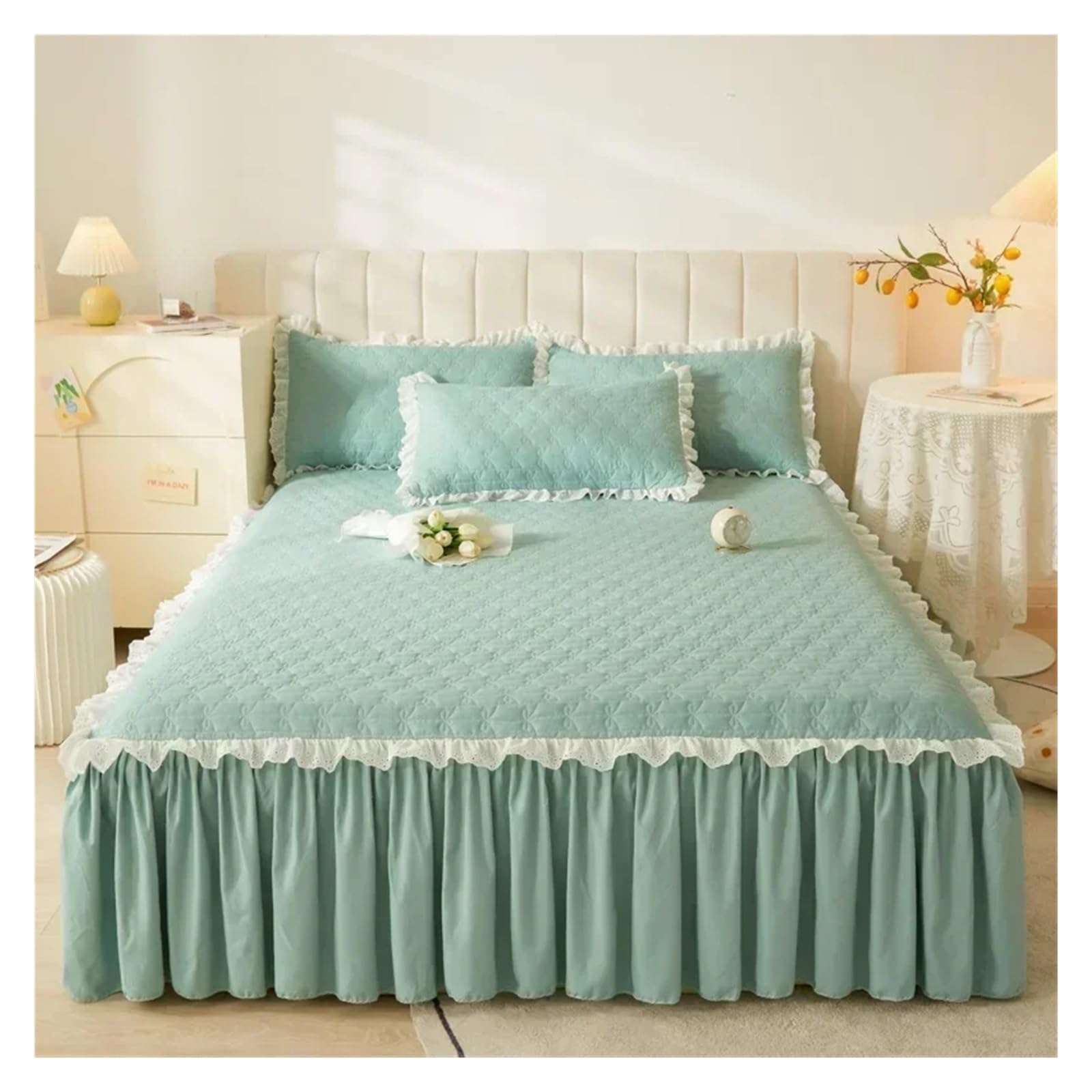 Queen Size Bed Skirt Purple Mattress Protector Thicken Bedspread 180x200 Home Quilted Bed Cover(Green,180x220cm 1pc)