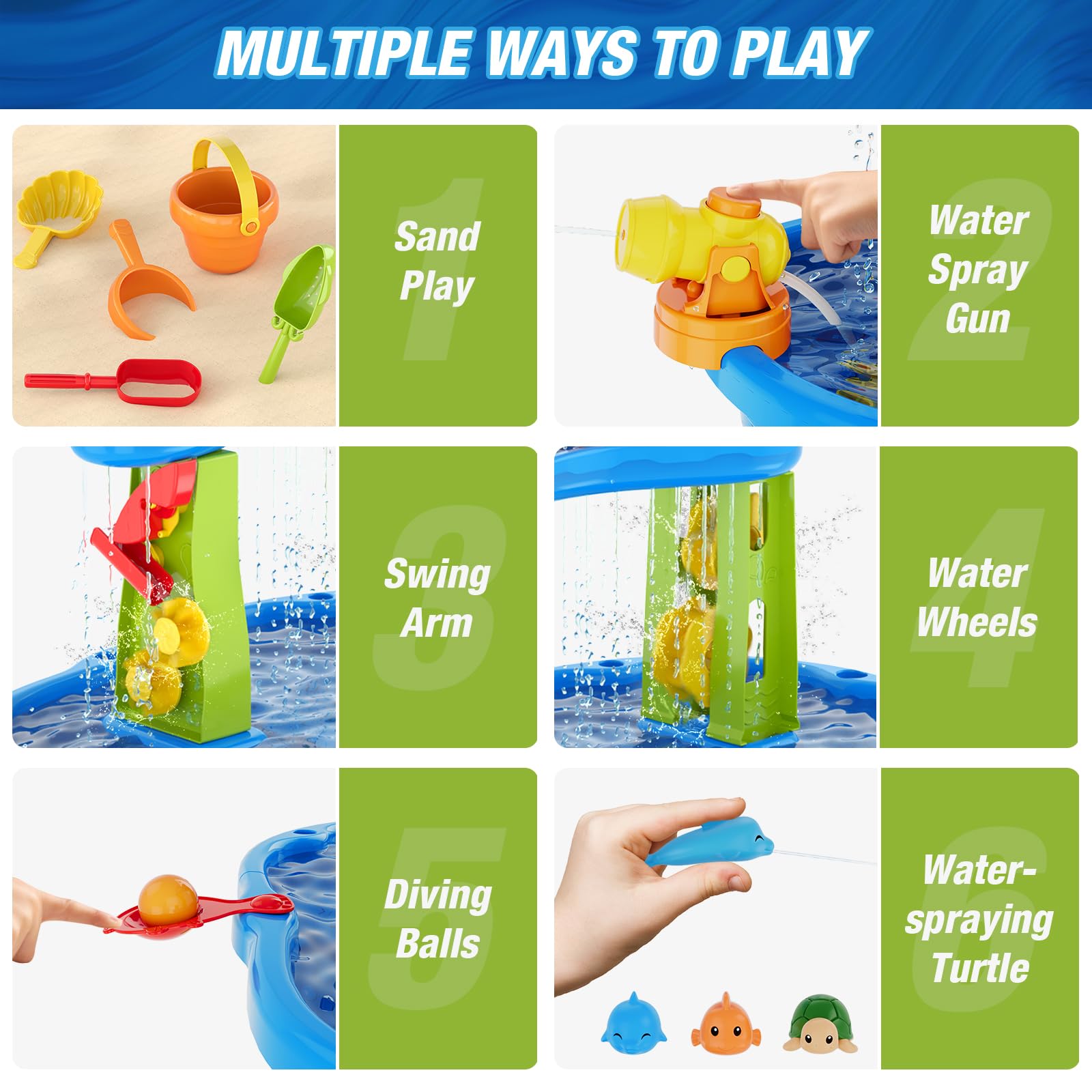 HYES Table d'eau pour Enfants, 3-Tier Table Sable et Eau Jouets avec Parapluie, Douches de Pluie Splash étang pour Plage Cour, Table Eau Sable Jeux de d'été Exterieur pour Garçons Filles, Bleu