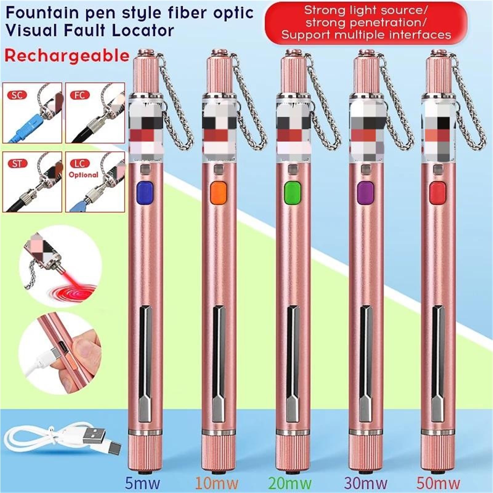 Localisateur visuel de défauts rechargeable 30 MW, testeur câbles à fibre optique FTTH, outil test VFL 2,5 mm (SC/FC/ST) Portable, facile à transporter,