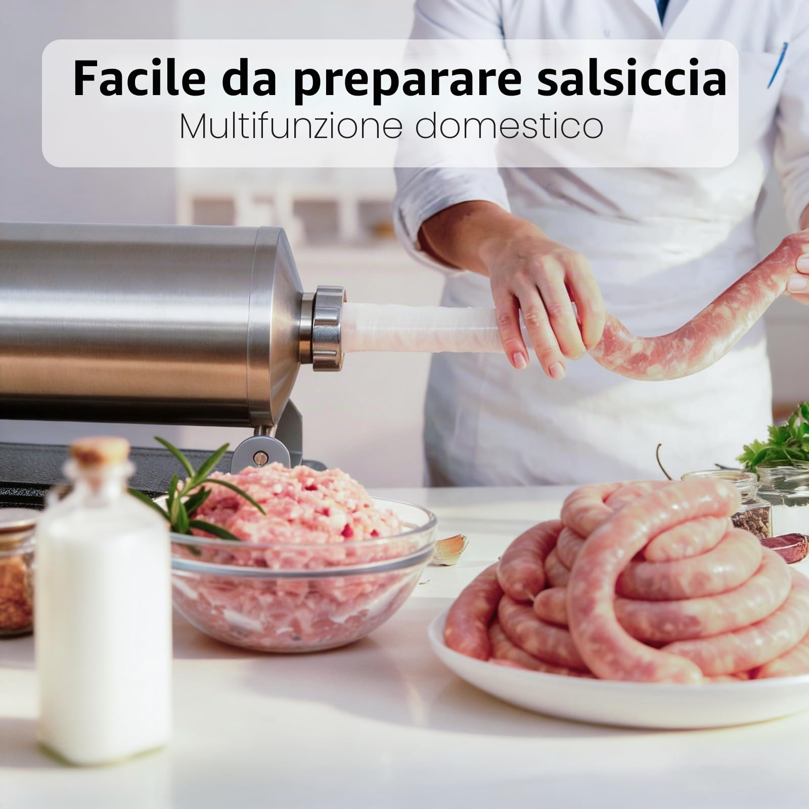 MZTOGR Riempitore per salsicce – Macchina per salsicce manuale fatta in casa in acciaio inox, macchina da cucina per riempimento di carne, confezione da 8 tubi (MZ-HOR-2.5LBM)