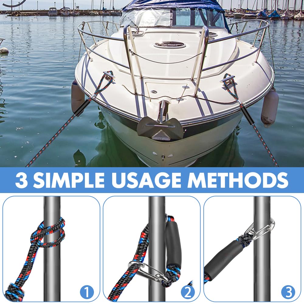 2 Pcs Cavi per Ormeggio barca, Bungee Dock Line con Gancio, Cravatta Elastica per Barche, Kayak, Pontone, Canoa (Nero + Blu + Rosso)