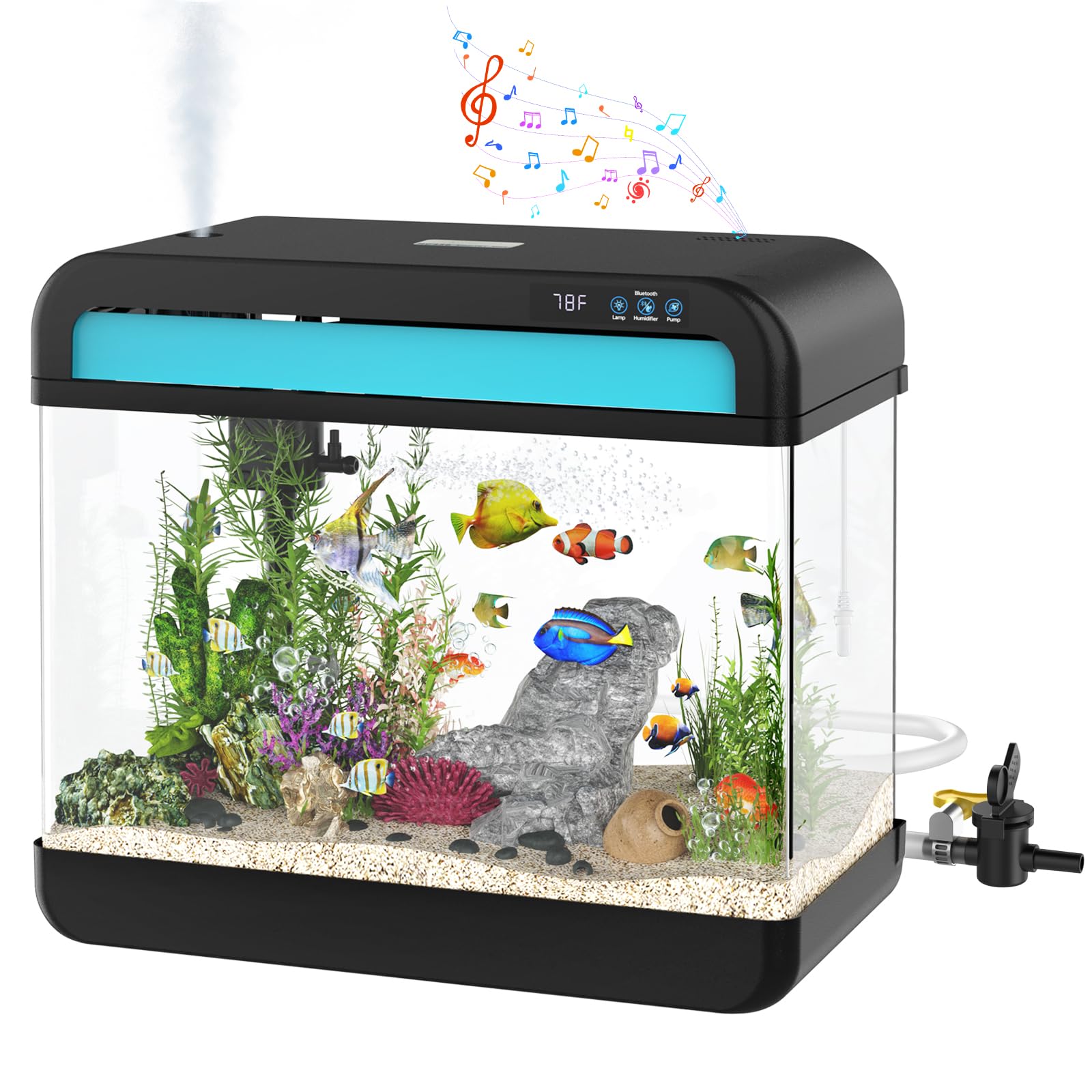 Fish Tank Aquarium 6.3 Gallon with Music Humidifier 7 Color Auto-Looping Light Adjustable Pump with Filtration & Aeration & Circulation, Temperature Display, Bottom Water Changer, HD Glass
