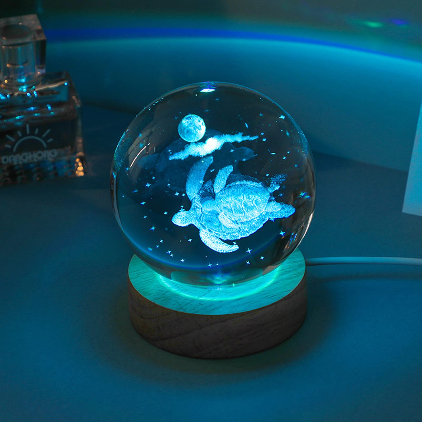Luce Notturna 3D Sfera Di Cristallo Tartaruga Marina Con Base LED Touch - 8 Cm - Regalo Originale