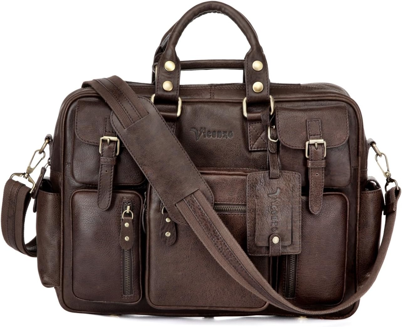 Vicenzo Signature Full Grain Leather Laptop Briefcase - Dark Brown