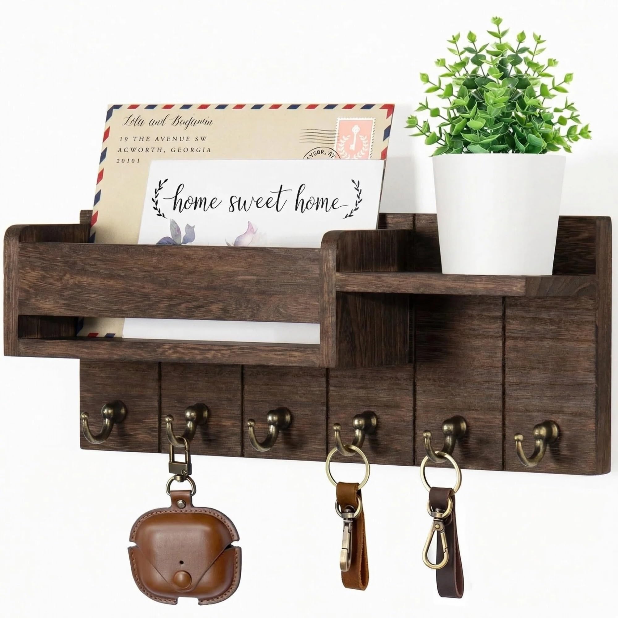 Kifsdlf Brown Wall Key Rack Mail Organizer 6 Hooks Easy Install