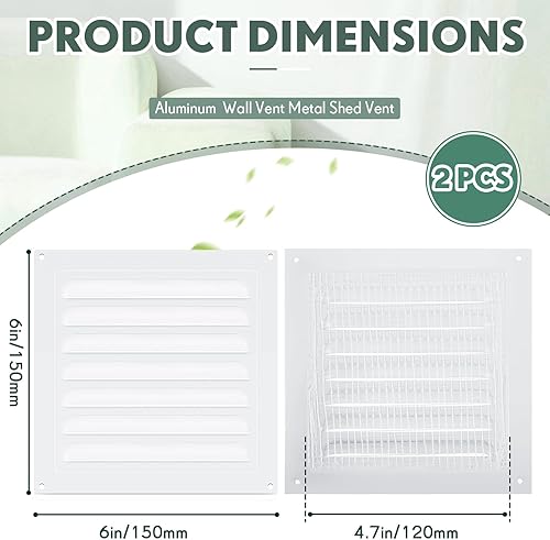 Miniatura 2 de Yaocom 2 rejillas de ventilación de aluminio a dos aguas blancas para pared de cobertizo de metal con malla de malla cuadrada, rejilla de