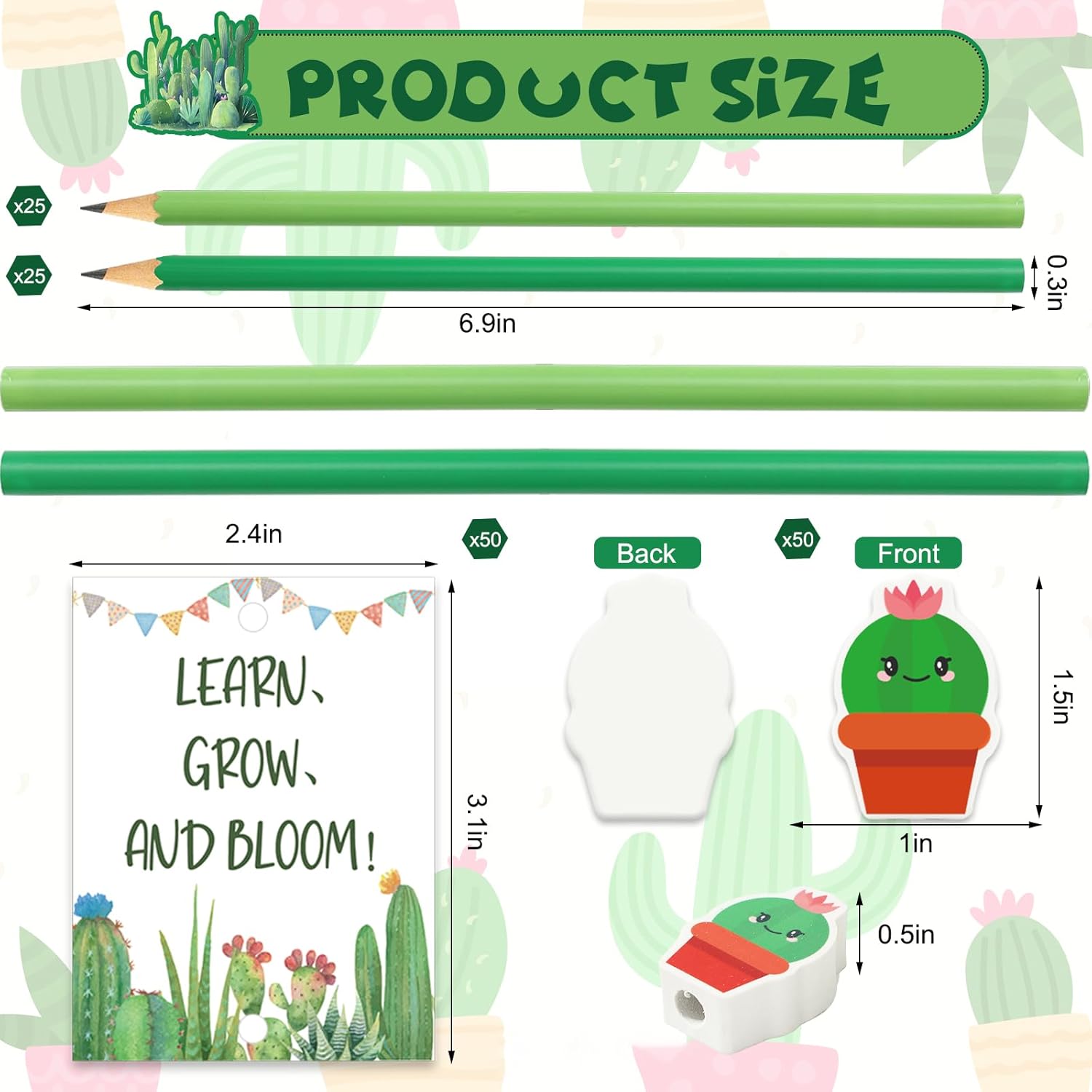 FYSUIMU 50 Sets Cactus Themed Gifts Back to School Gifts With Green Pencils Cute Cactus Erasers and Motivational Postcards for Students Bulk First Day of School Reward Party Favor
