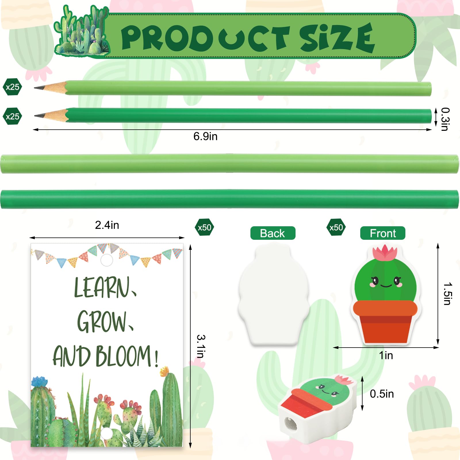 FYSUIMU 50 juegos de lápices de cactus con gomas de borrar y tarjetas, bonitos lápices de escritura de cactus en maceta, regalos de regreso a clases, oficina, papelería, recuerdos de fiesta