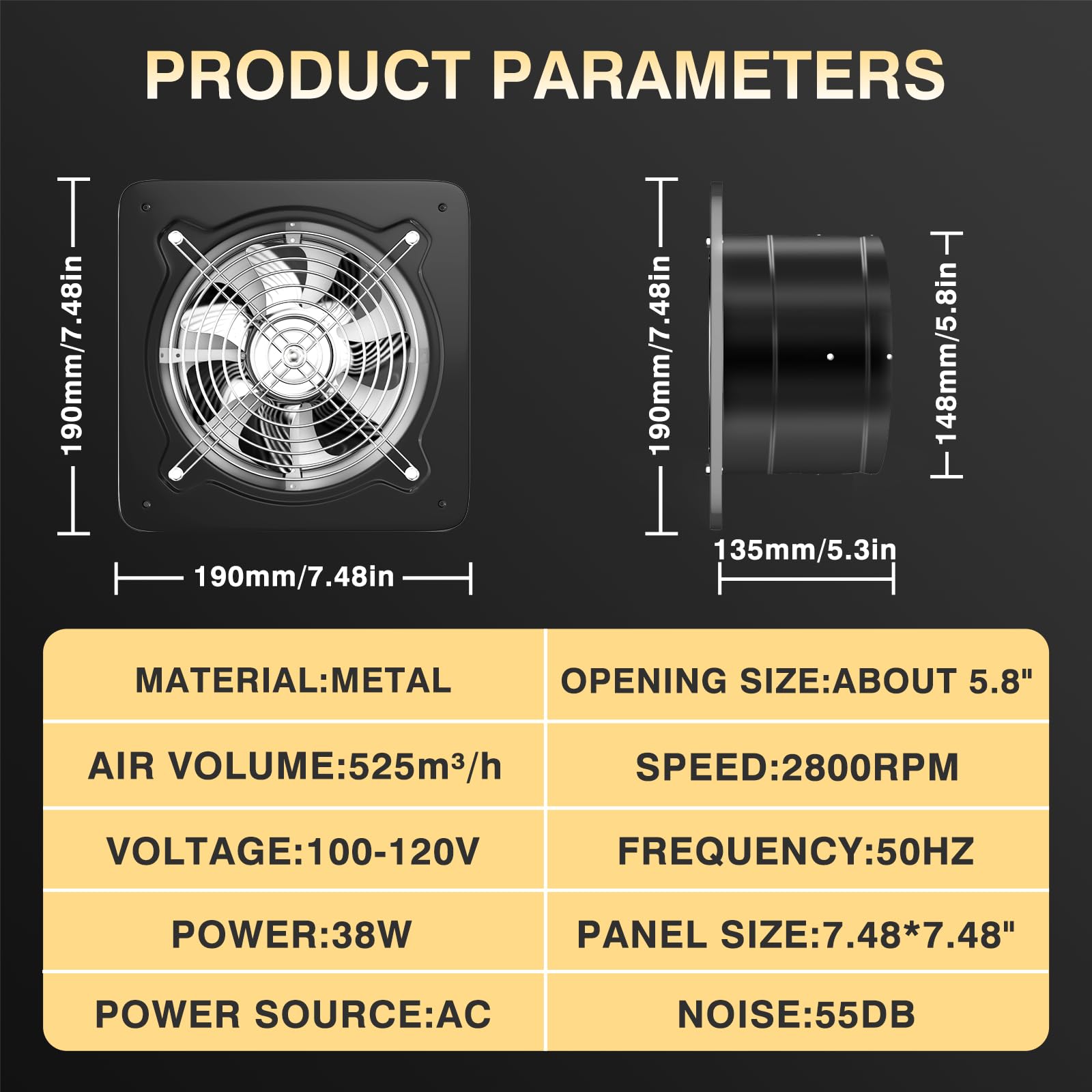 FanGoFast 6 Inch/150mm Kitchen Exhaust Fan 525m³/h Metal Extractor Fan with UK Plug Low Noise Stainless Steel Ventilation Fan for Warehouse Home Restaurant Garage (Black - Image 2