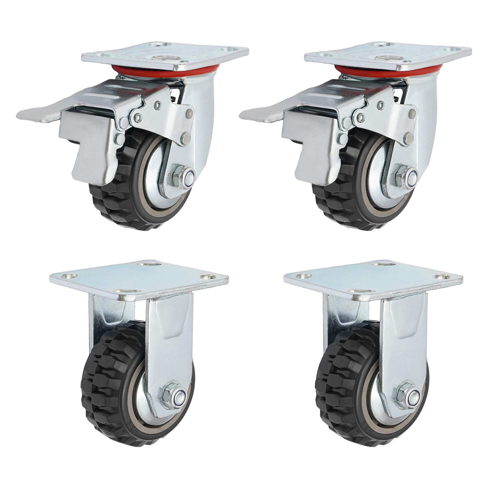 Ruote da 4 pollici, capacità di carico 600 kg, ruote per mobili con freni, cuscinetti a doppia sfera 6062, pneumatici in poliuretano, antiscivolo, piastra di base universale