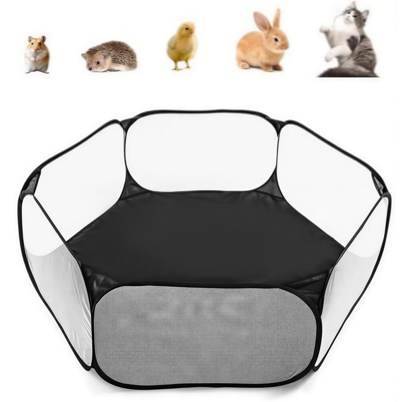Laufstall Kleintiere, Faltbar Käfig Zelt Kleintierkäfig Tragbar Atmungsaktiv und Transparent Übungszaun für Meerschweinchen, Guinea Pig, Hamster, Chinchillas, Welpe (Schwarz)