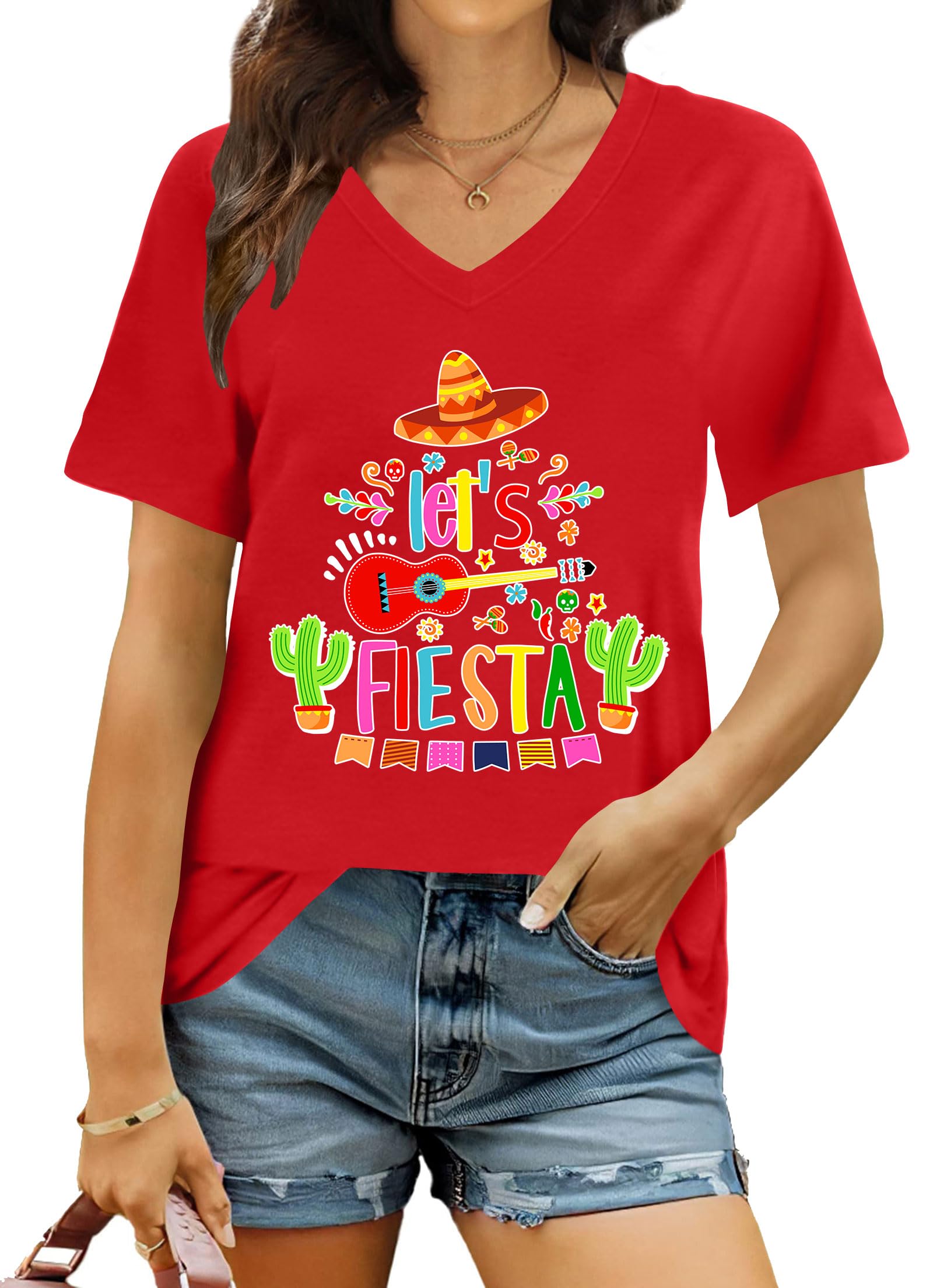 QAUN Cinco De Mayo Shirts for Women: Mexican V Neck Tshirt Let's Fiesta Tops Sombrero May 5th Tees