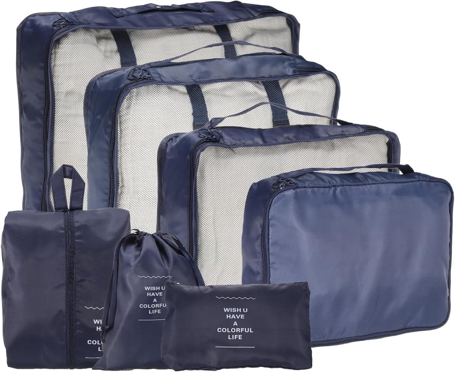7 Pcs Travel Organizer Packing Cubes Set | Nylon Luggage Storage Bags for Clothes, Shoes, Toiletry & Cosmetics | Space Saver Pouches for Suitcase & Backpack. (Dark Blue)