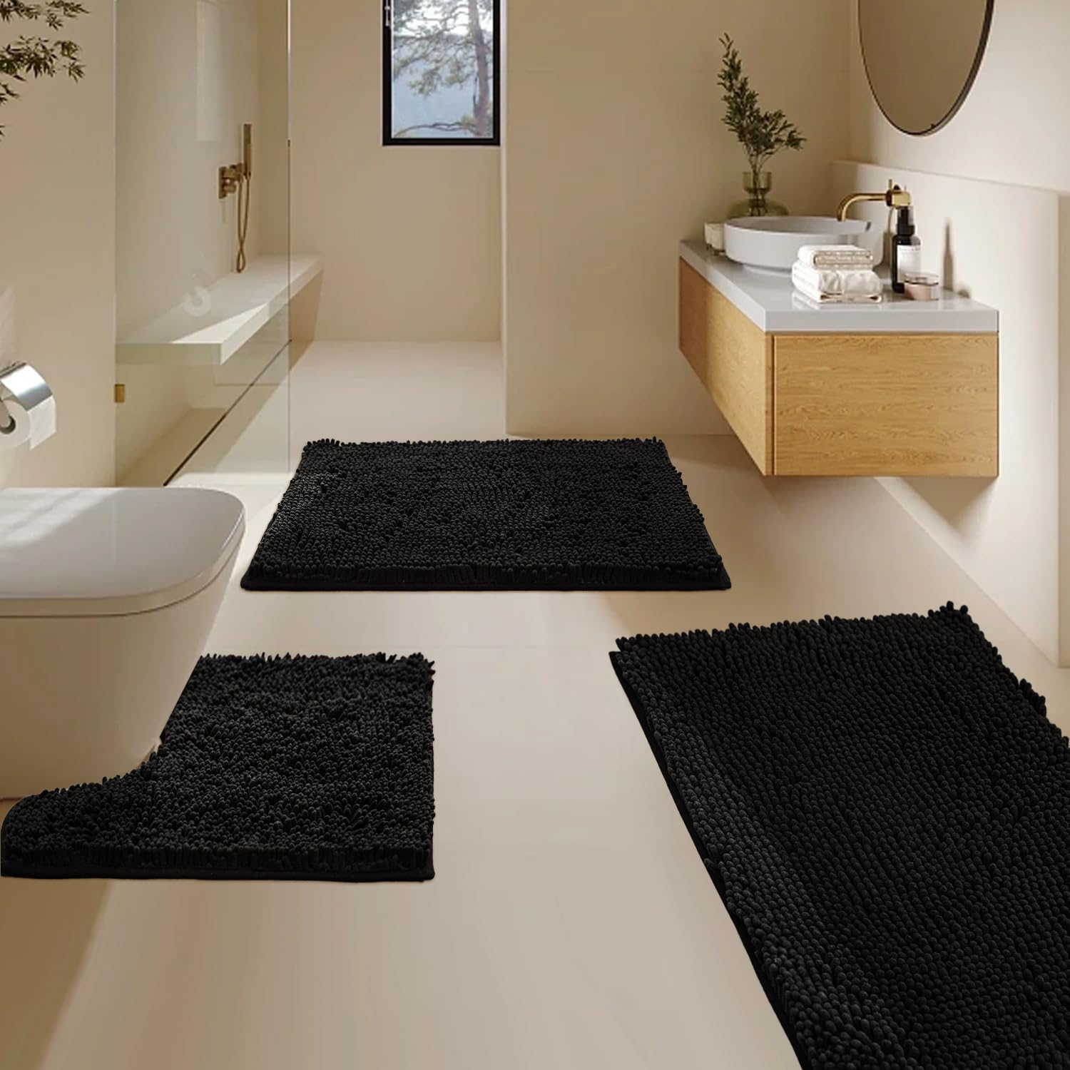 Bathroom Rugs Sets 3 Piece, Super Soft Absorbent Bath mat Set,with U-Shaped Toilet Rug,Strong PVC Underside Bathroom Rug,Antiskid Bath mats Washable