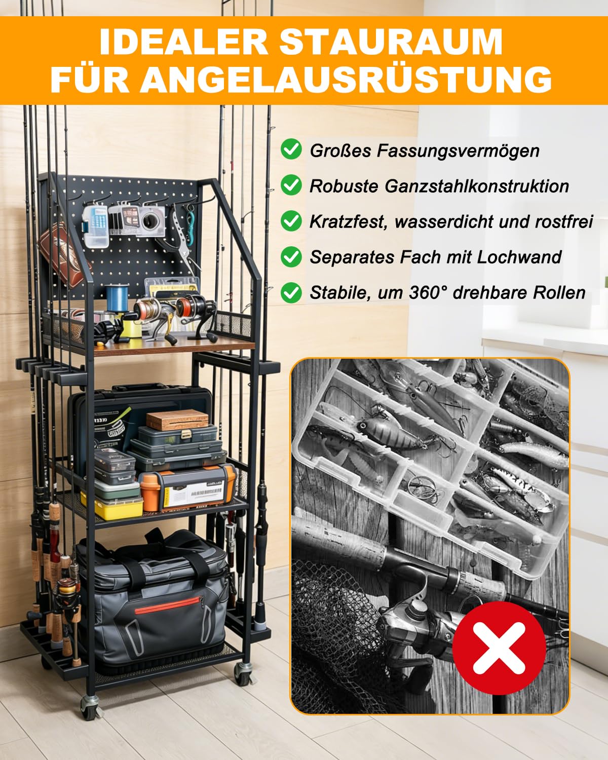 Rutenhalter Angelrutenhalter für 10 Angel, Tackle-Aufbewahrungswagen mit 360-Grad drehbarer Stangenhalter, für Garage Hauseingang Ecke, Geschenkideen für Männer Dad