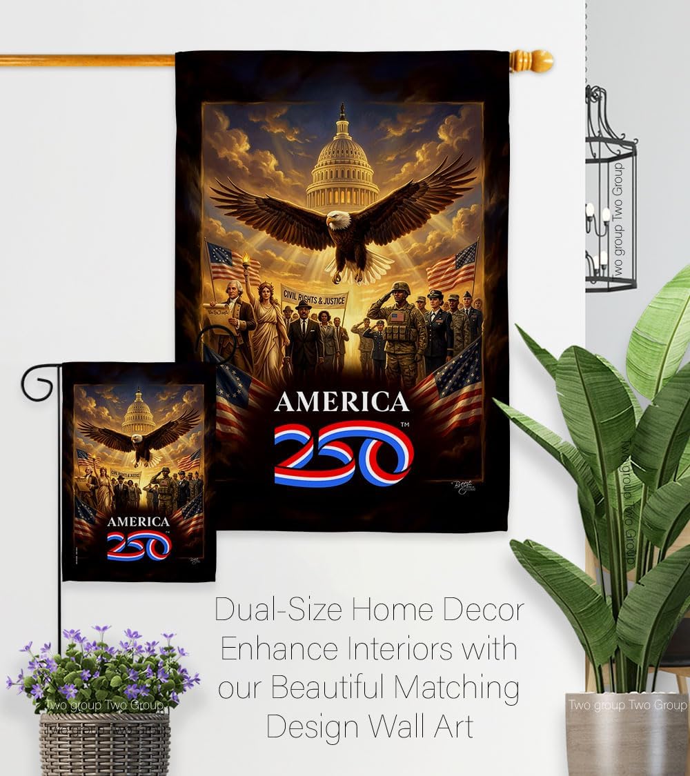 America 250 Flag Justice & Service Independence Day Wall Tapestry House Banner Official Licensed Merchandise Canvas Prints Yard Sign Textile Woven Fabric Poster USA 250th Anniversary Decoration Gift