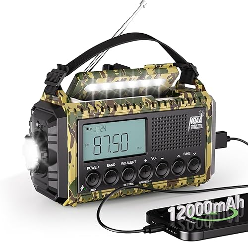 Radio de emergencia 12000, radio meteorológica digital automática portátil AM FM SW NOAA, radio solar recargable con manivela con linterna, cargador