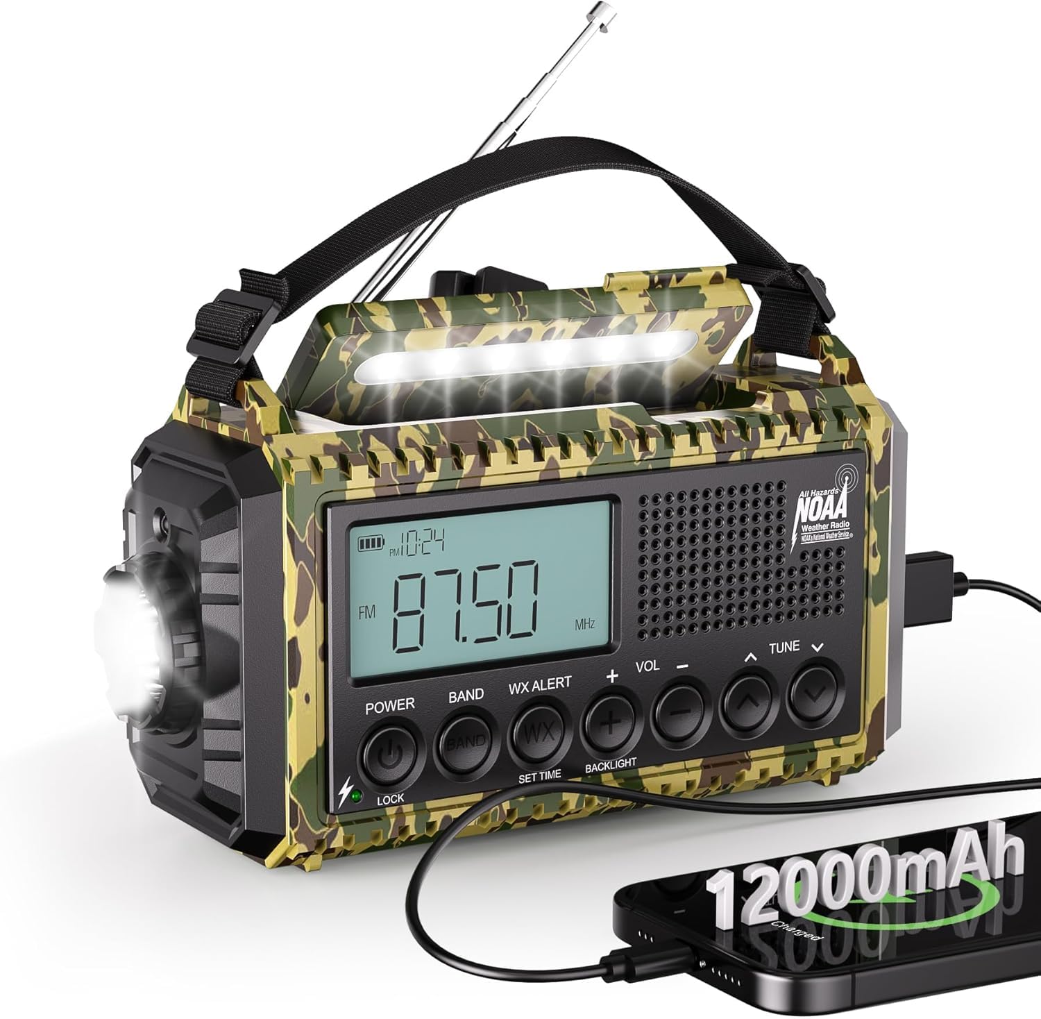 Emergency Radio 12000 Portable Automatic Digital Weather Radio AM FM SW NOAA Battery Operated Rechargeable with Flashlight, Cell Phone Charger, SOS, Type-C Adapter-image-15