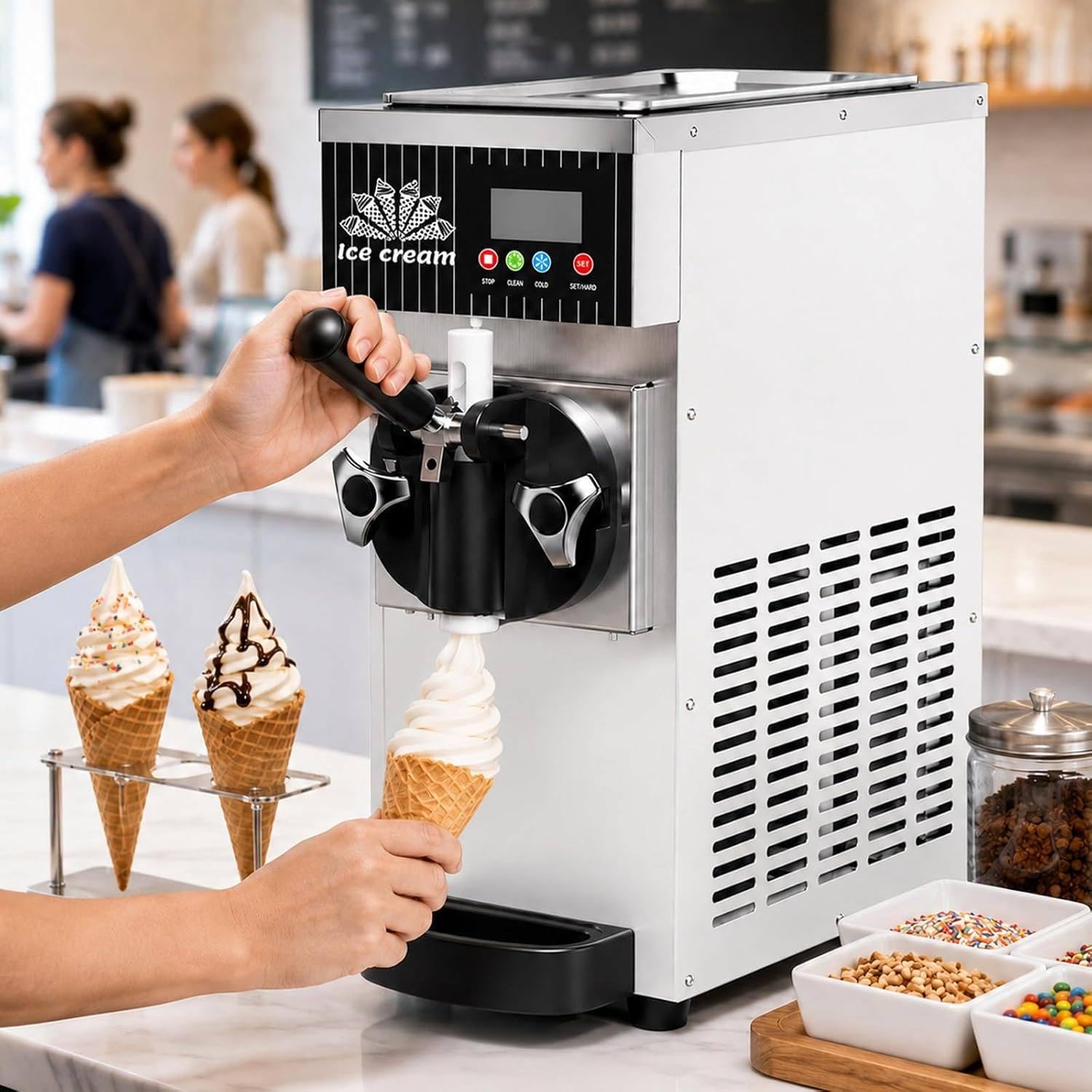 XUXIAO Soft Serve Ice Cream Machine, Countertop Single Flavor Maker, Lcd Panel,Pre-Cooling&Auto Clean, Countertop Dessert Maker, For Home&Commerce White