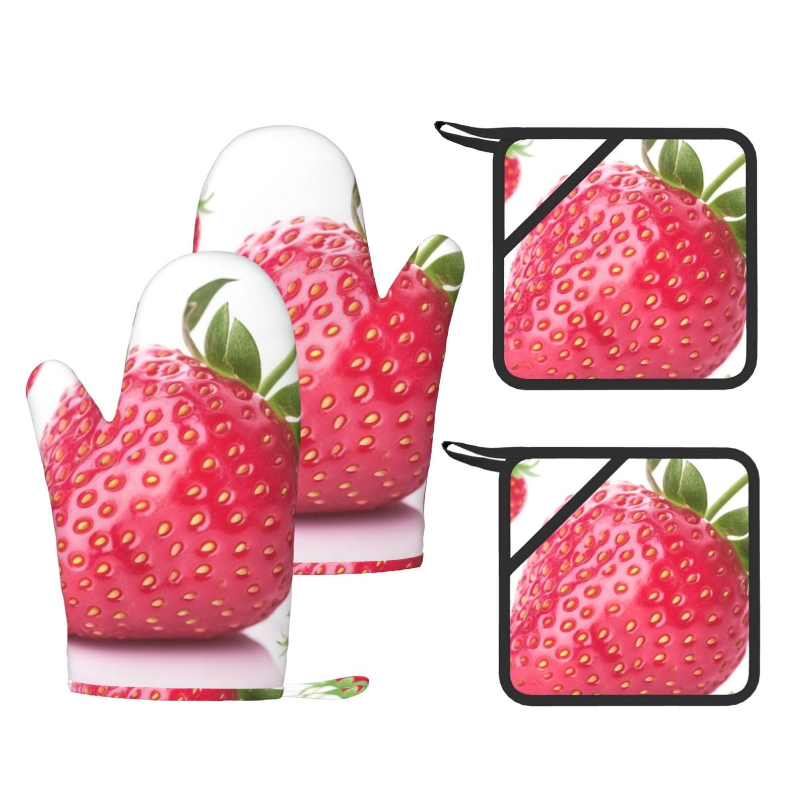 4 Pcs Kitchen Oven Mitts Strawberry Oven Mitts and Pot Holders Non-slip Silicone Kitchen Gloves for Cooking Baking Grilling Kitchen Essentials
